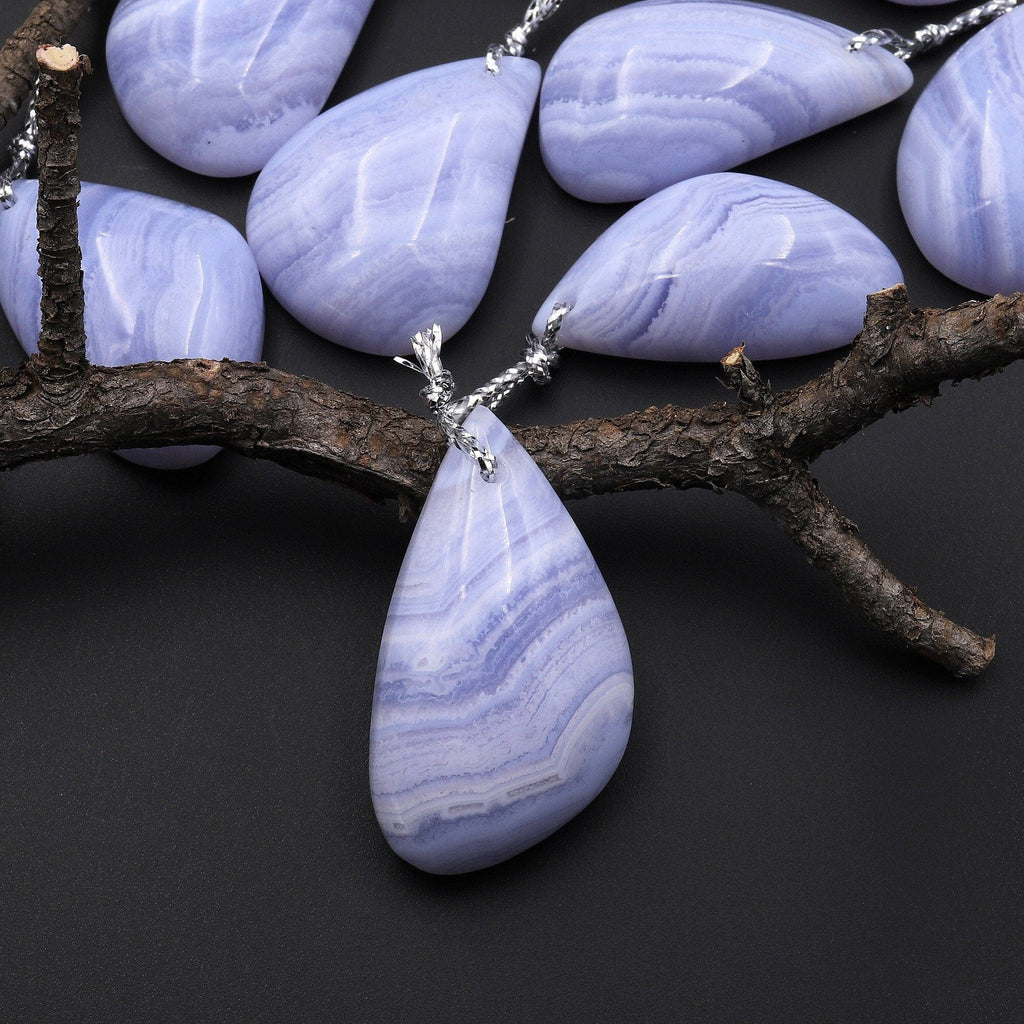 Natural Blue Lace Agate Freeform Teardrop Leaf Pendant Gemstone Focal Bead