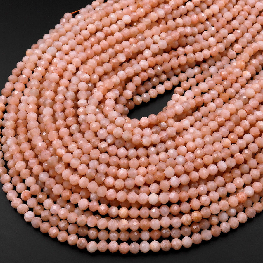 Faceted Natural Peach Moonstone Round Beads 2mm 3mm 4mm 15.5" Strand