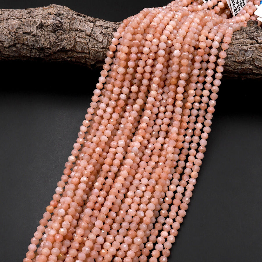 Faceted Natural Peach Moonstone Round Beads 2mm 3mm 4mm 15.5" Strand