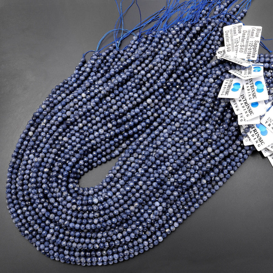 Faceted Natural Blue Sapphire Round Beads 3mm 4mm Genuine Gemstone 15.5" Strand