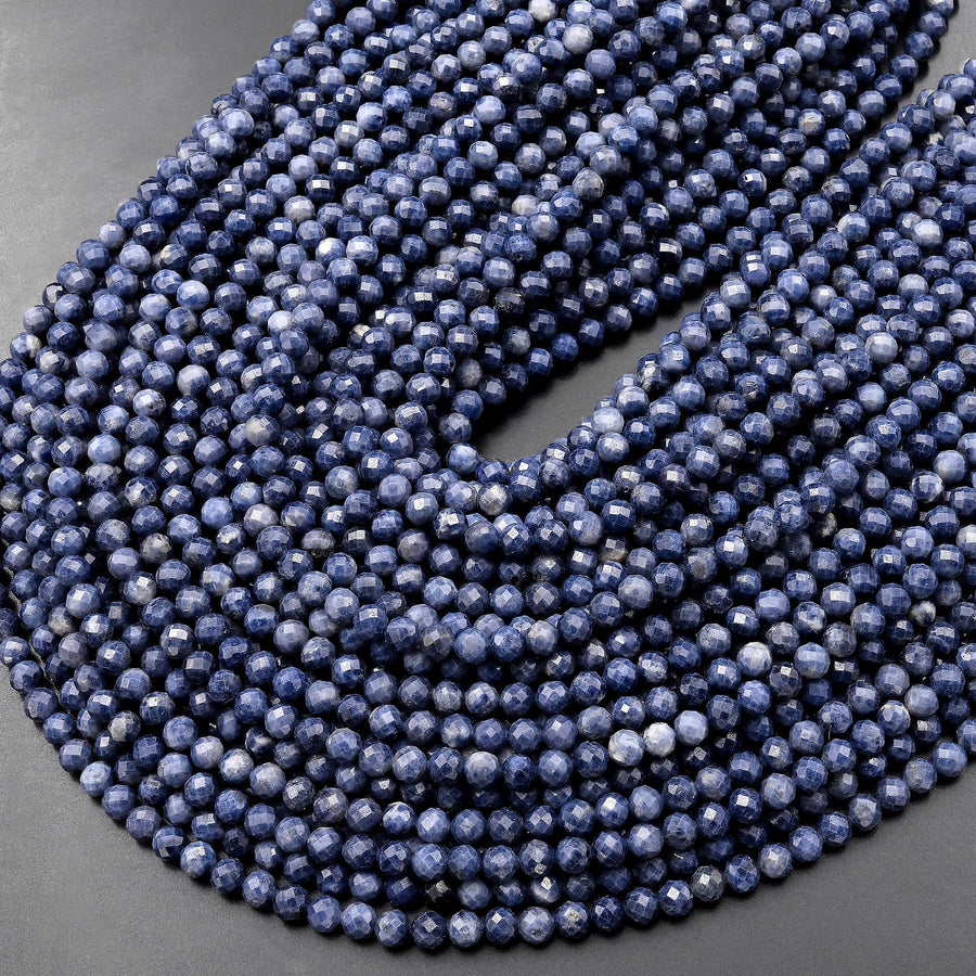 Faceted Natural Blue Sapphire Round Beads 3mm 4mm Genuine Gemstone 15.5" Strand