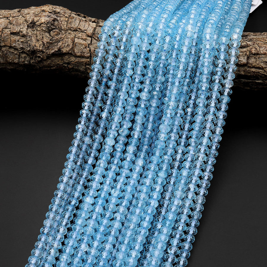 AAA Swiss Blue Topaz 4mm 6mm Faceted Rondelle Beads Laser Diamond Cut Real Genuine Topaz Gemstone 15.5" Strand