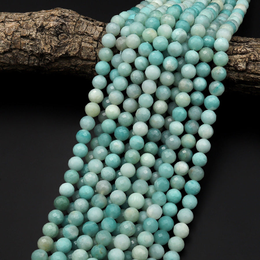 AAA Faceted Natural Blue Amazonite 6mm 8mm Round Beads 15.5" Strand