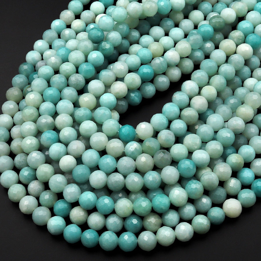 AAA Faceted Natural Blue Amazonite 6mm 8mm Round Beads 15.5" Strand
