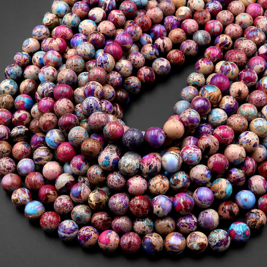 Rainbow Sea Sediment Jasper Smooth Round Beads 4mm 6mm 8mm 10mm Aka Fantasy Blue Purple Pink Fuchsia Impression Imperial Jasper 15.5" Strand