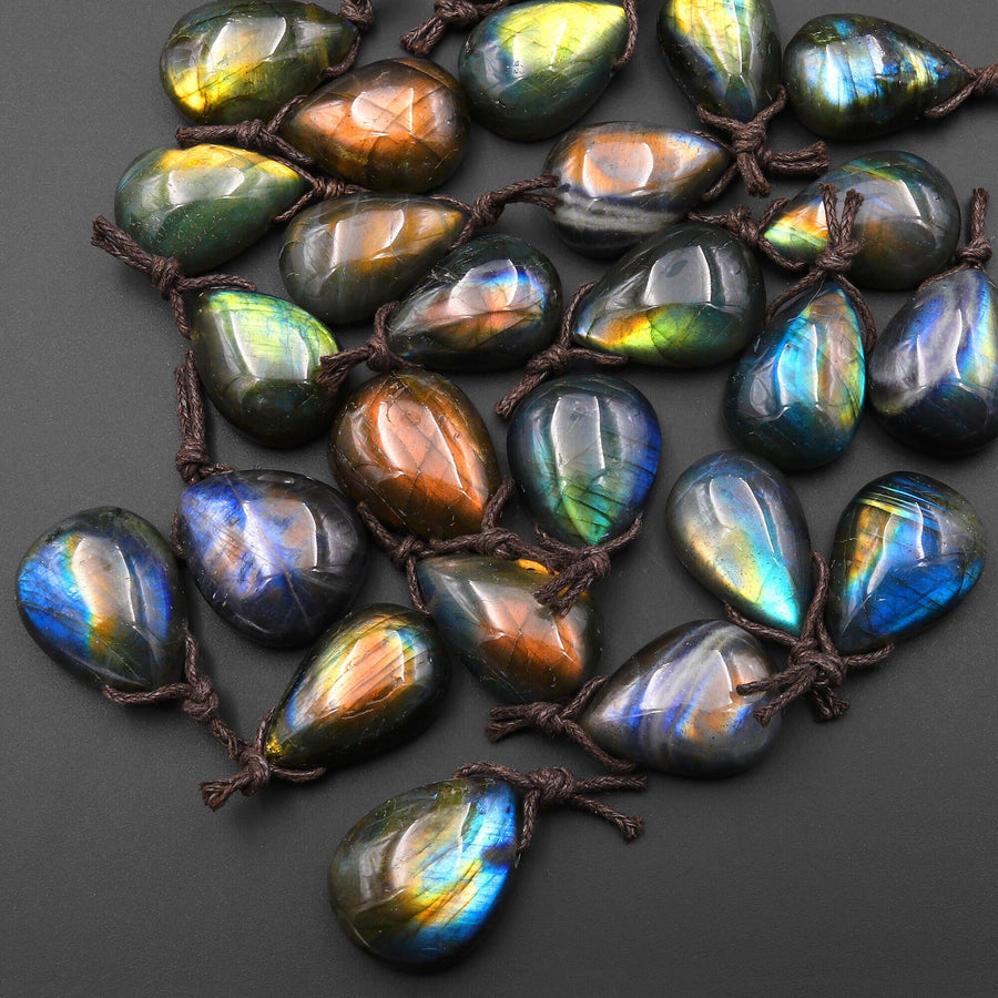 AAA Natural Golden Rainbow Labradorite Teardrop Side Drilled Pendant