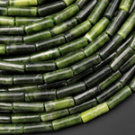 Natural Russian Green Serpentine Jade Thin Long Tube Beads 15.5" Strand