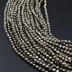 Micro Faceted Tiny Small Natural Iron Pyrite Faceted 2mm 3mm 4mm 6mm Round Beads Diamond Cut Gemstone 15.5" Strand