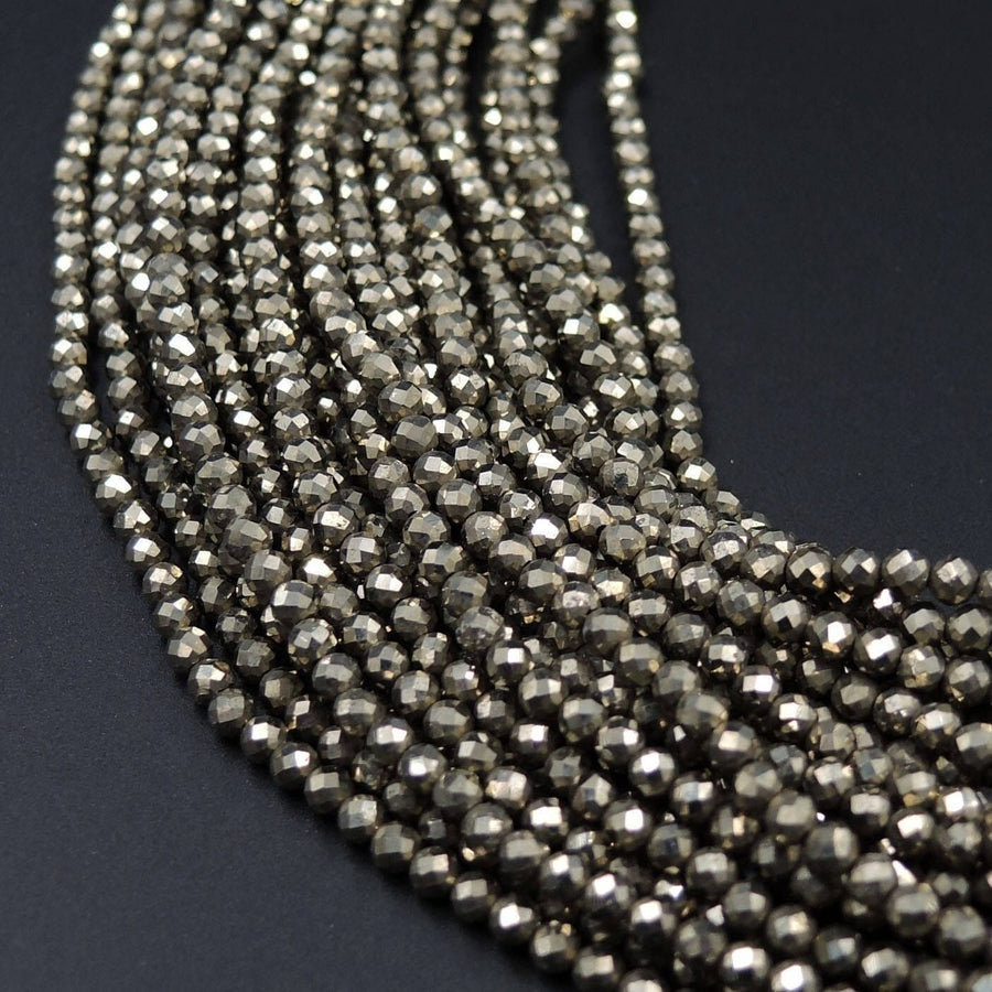 Micro Faceted Tiny Small Natural Iron Pyrite Faceted 2mm 3mm 4mm 6mm Round Beads Diamond Cut Gemstone 15.5" Strand