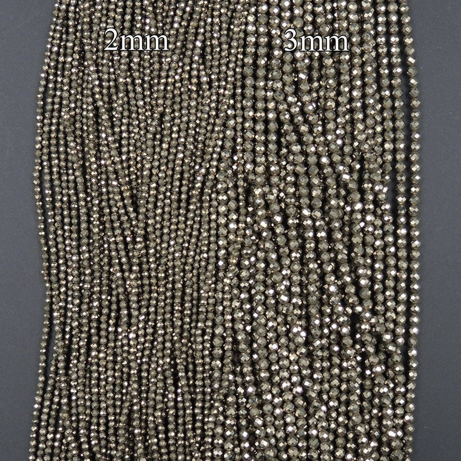 Micro Faceted Tiny Small Natural Iron Pyrite Faceted 2mm 3mm 4mm 6mm Round Beads Diamond Cut Gemstone 15.5" Strand