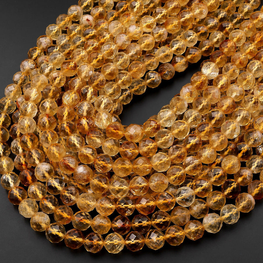 AAA Natural Citrine Faceted 3mm 4mm 6mm 8mm 9mm 10mm Round Beads Laser Diamond Cut Gemstone 15.5" Strand
