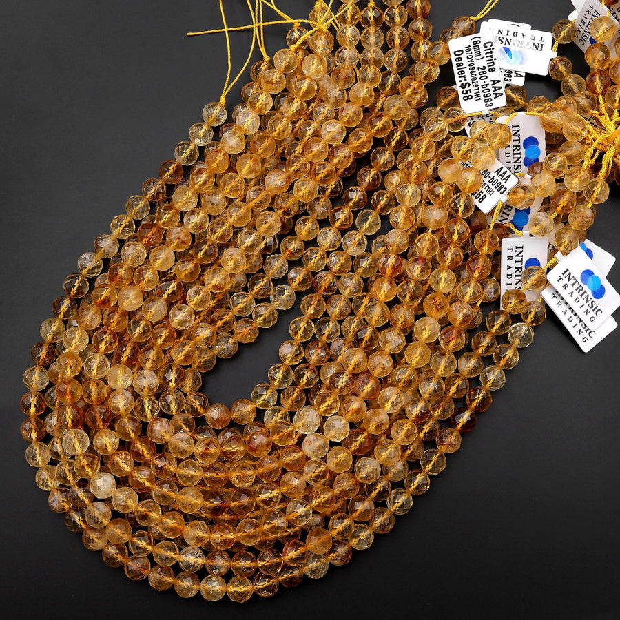 AAA Natural Citrine Faceted 3mm 4mm 6mm 8mm 9mm 10mm Round Beads Laser Diamond Cut Gemstone 15.5" Strand