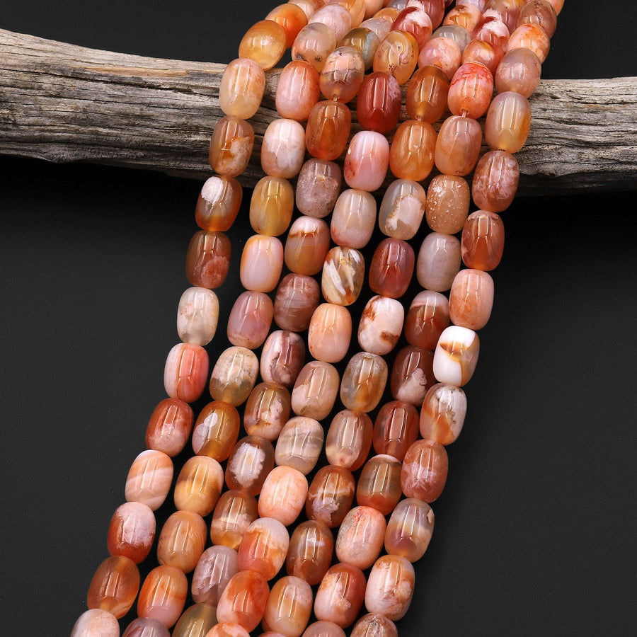 Natural Cherry Blossom Agate Barrel 10x14mm Drum Beads Aka Flower Agate 15.5" Strand