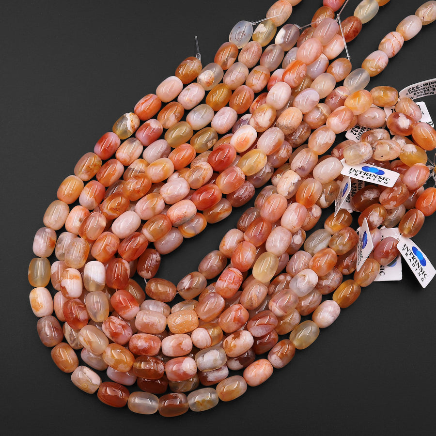 Natural Cherry Blossom Agate Barrel 10x14mm Drum Beads Aka Flower Agate 15.5" Strand