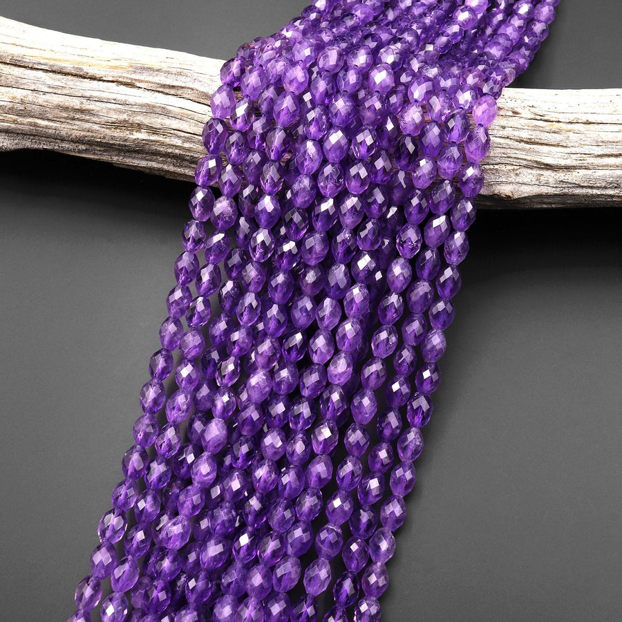 AAA Natural Purple Amethyst Faceted Drum Barrel Rice Beads 15.5" Strand