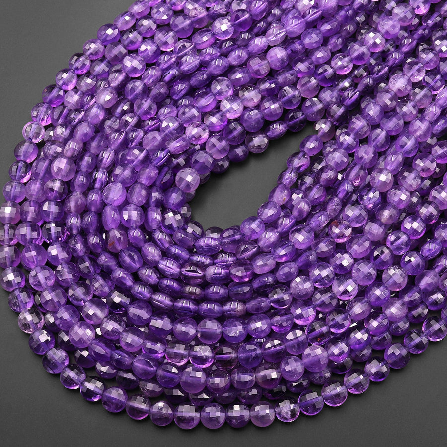 AAA Faceted 6mm 8mm 10mm Purple Amethyst Coin Beads Flat Disc Dazzling Facets Natural Gemstone 15.5" Strand