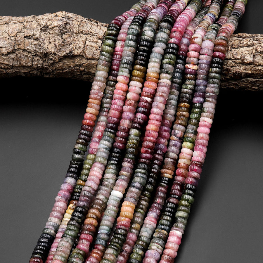 Natural Multicolor Tourmaline Heishi Rondelle Beads 4mm 5mm 6mm 7mm 8mm Watermelon Pink Green Gemstone 15.5" Strand