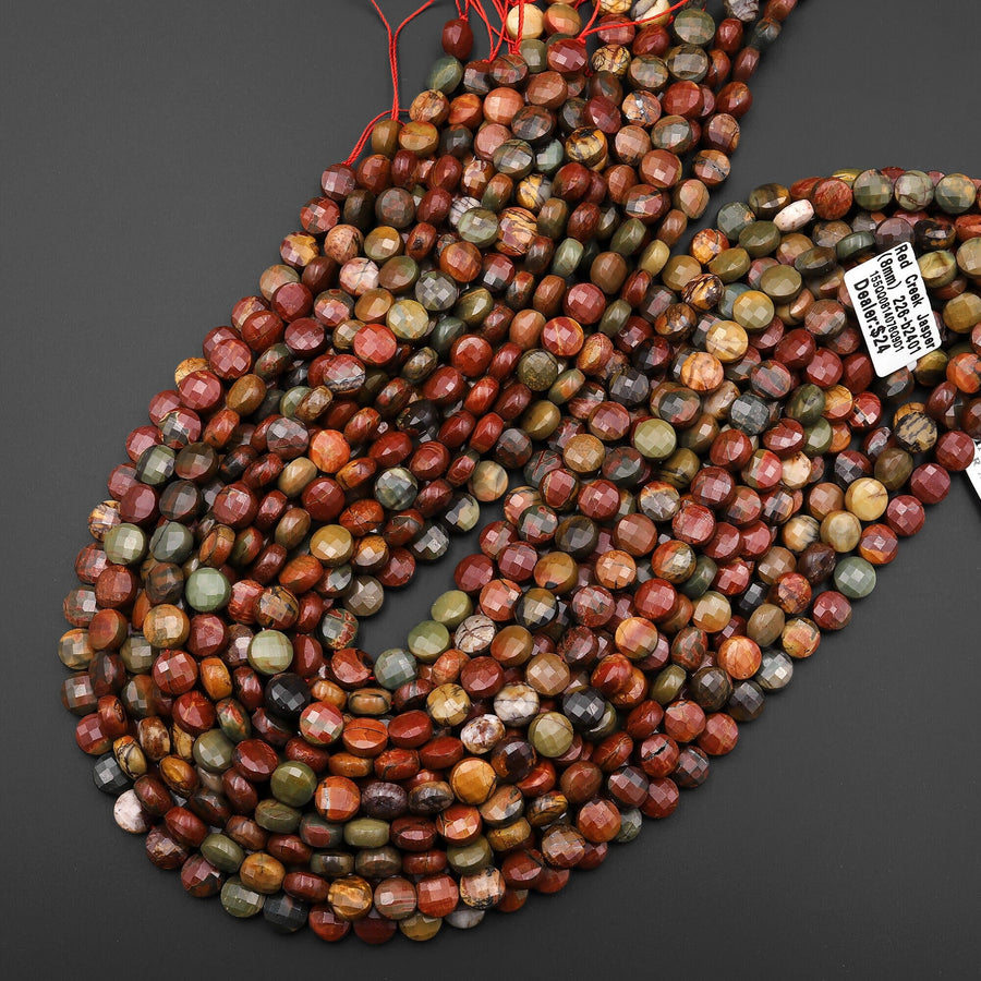 Faceted Natural Red Creek Jasper Bead 8mm 10mm Coin Earthy Red Green Yellow Brown Multi-color Picasso Jasper 15.5" Strand