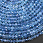 AAA+ Translucent Natural Blue Santa Maria Aquamarine Micro Faceted 2mm 3mm 4mm Round Gemstone Beads 15.5" Strand