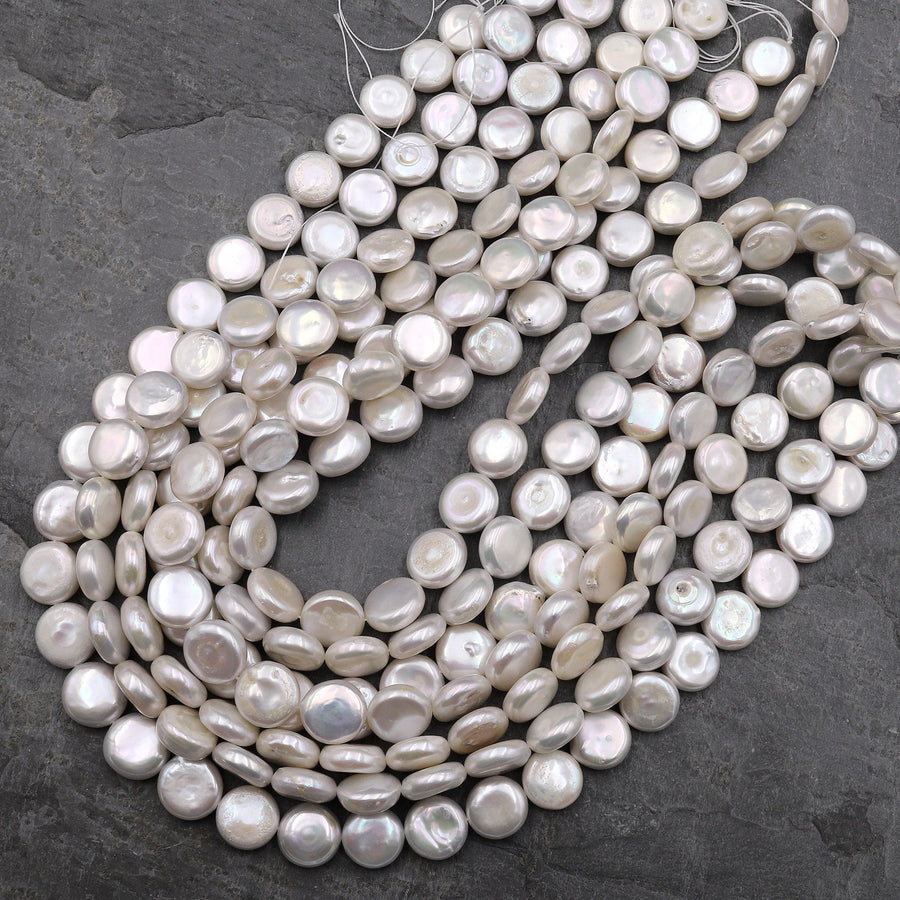 AAA Natural White Coin Pearl Iridescent 10mm 12mm 15.5" Strand