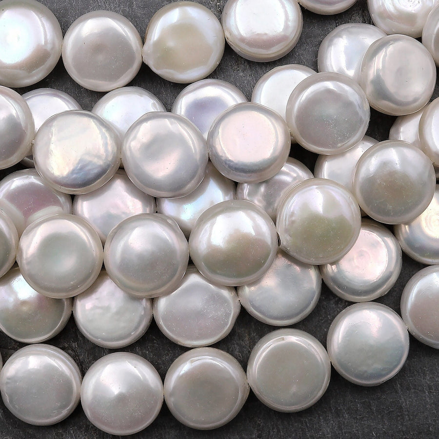 AAA Natural White Coin Pearl Iridescent 10mm 12mm 15.5" Strand