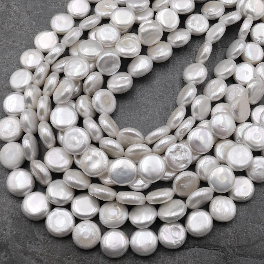 AAA Natural White Coin Pearl Iridescent 10mm 12mm 15.5" Strand