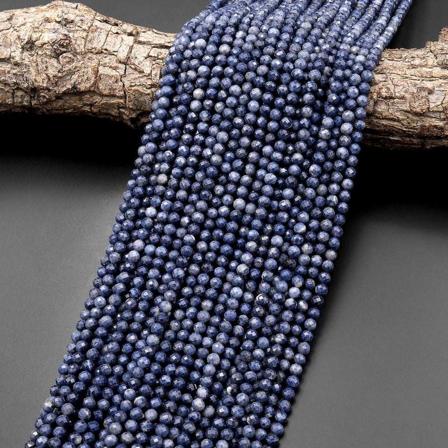 Faceted Natural Blue Sapphire Round Beads 3mm 4mm Genuine Gemstone 15.5" Strand