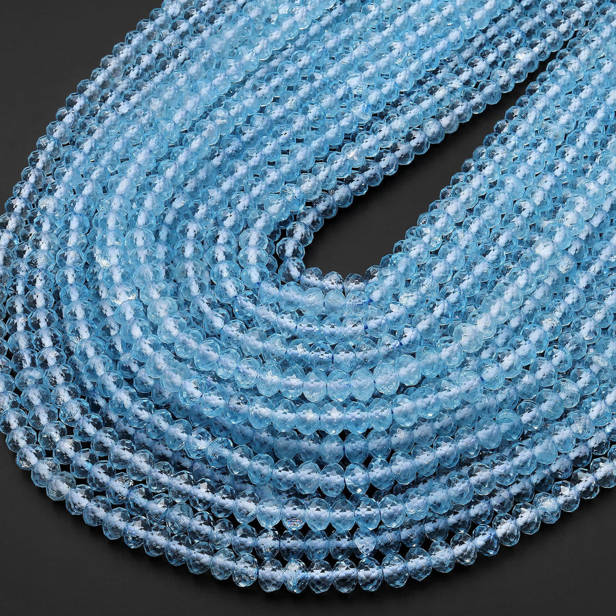 AAA Swiss Blue Topaz 4mm 6mm Faceted Rondelle Beads Laser Diamond Cut Real Genuine Topaz Gemstone 15.5" Strand