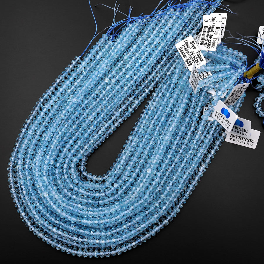 AAA Swiss Blue Topaz 4mm 6mm Faceted Rondelle Beads Laser Diamond Cut Real Genuine Topaz Gemstone 15.5" Strand