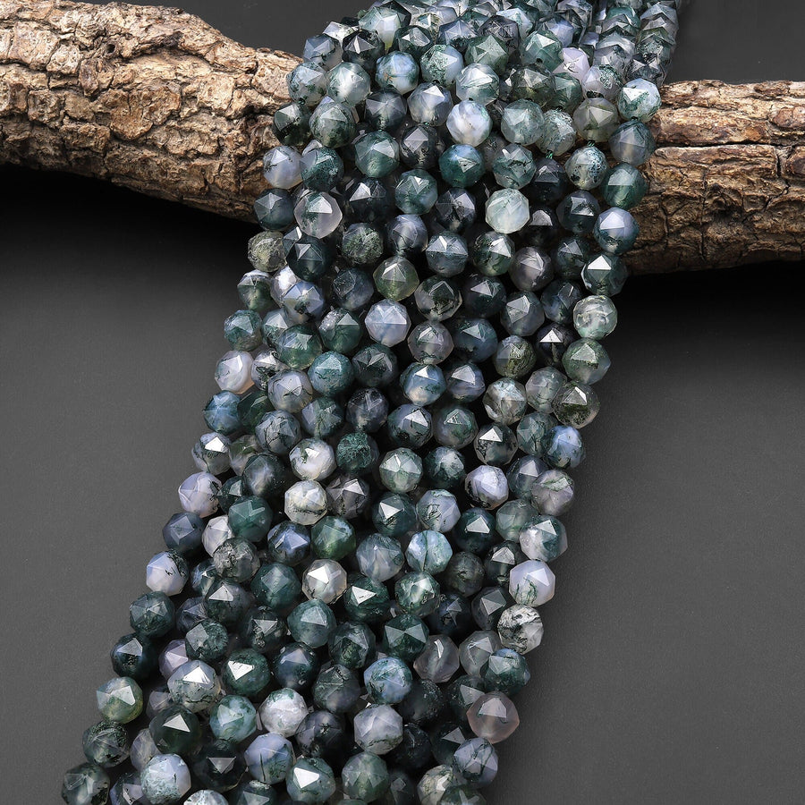 AAA Faceted Natural Green Moss Agate 8mm Round Beads Double Hearted Star Cut Gemstone 15.5" Strand