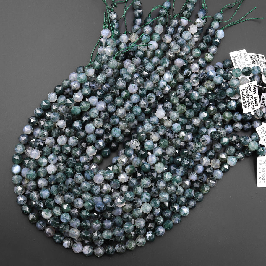 AAA Faceted Natural Green Moss Agate 8mm Round Beads Double Hearted Star Cut Gemstone 15.5" Strand