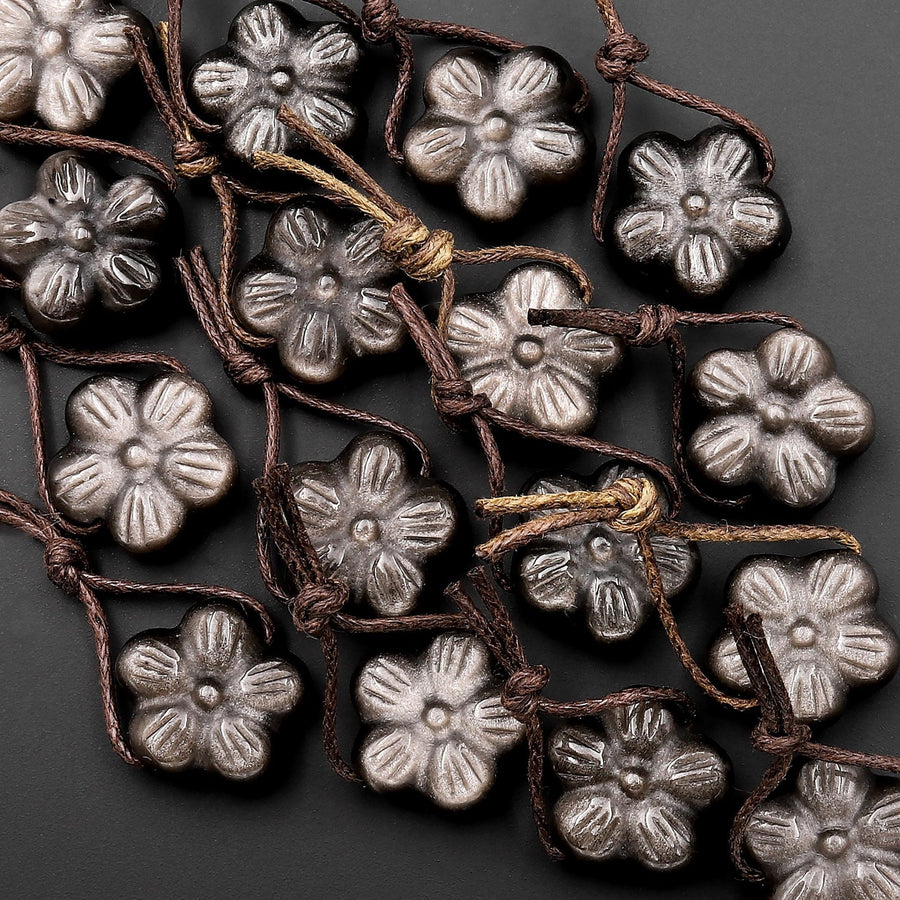 AAA Hand Carved Natural Silver Obsidian Cherry Blossom Flower Pendant Gemstone Focal Bead