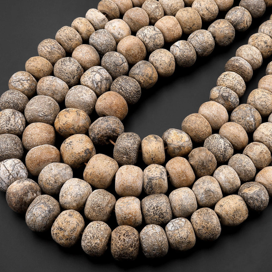 Genuine Fossilized Stegodon Stone Beads Graduated Earthy Gray Beige Slate Brown 24" Strand