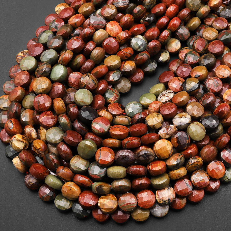 Faceted Natural Red Creek Jasper Bead 8mm 10mm Coin Earthy Red Green Yellow Brown Multi-color Picasso Jasper 15.5" Strand