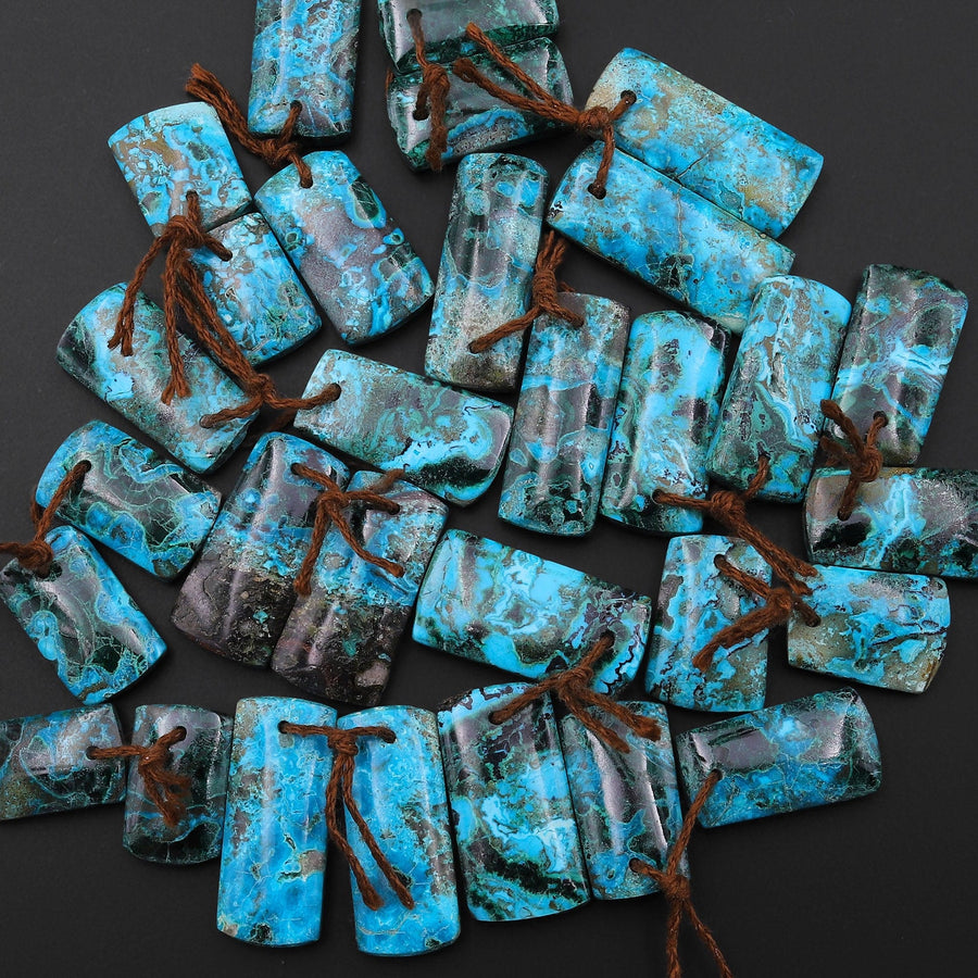 Natural Shattuckite Earring Pair Short Rectangle Matched Gemstone Beads Chrysocolla Azurite Malachite From Congo