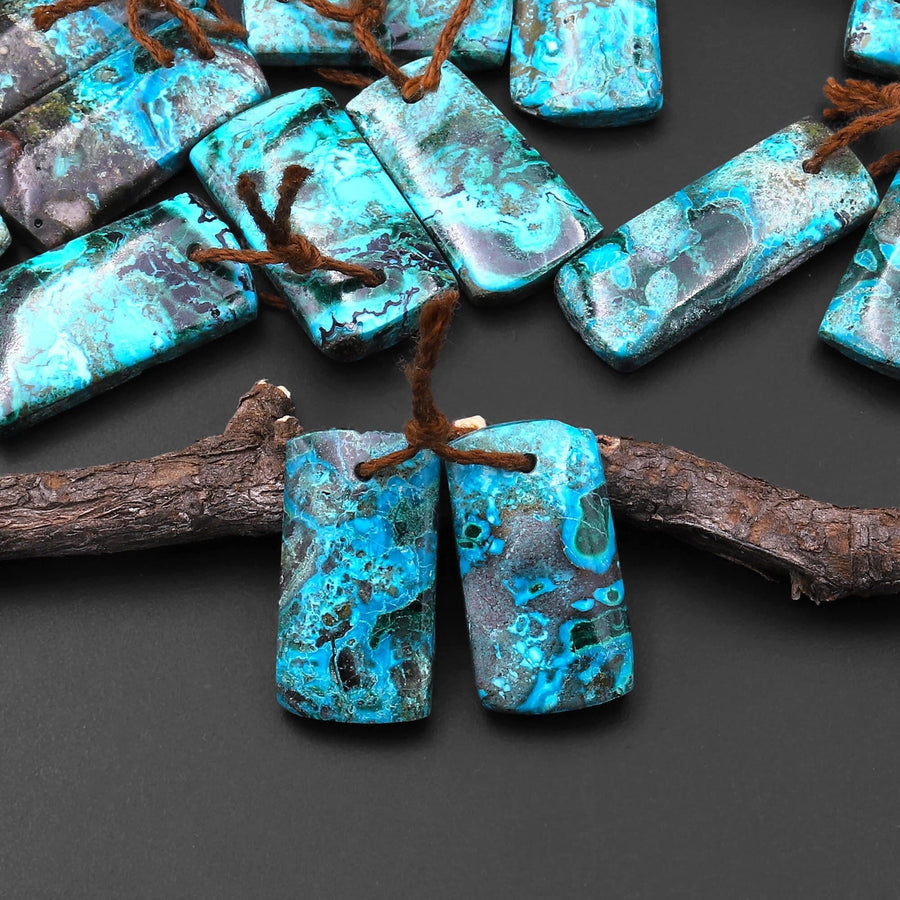 Natural Shattuckite Earring Pair Short Rectangle Matched Gemstone Beads Chrysocolla Azurite Malachite From Congo