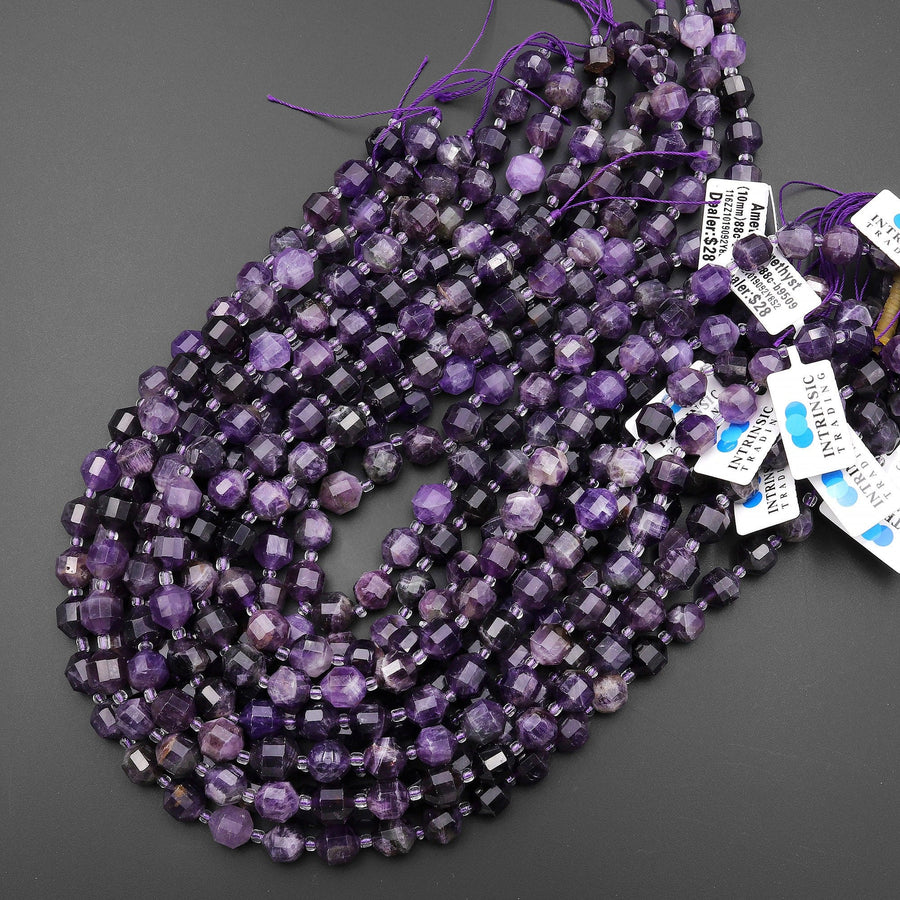 Natural Purple Amethyst 10mm Beads Faceted Energy Prism Double Point Gemstone 15.5" Strand