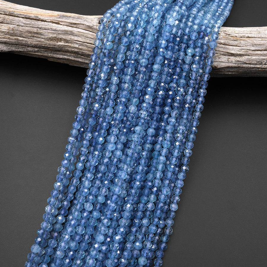 AAA+ Translucent Natural Blue Santa Maria Aquamarine Micro Faceted 2mm 3mm 4mm Round Gemstone Beads 15.5" Strand