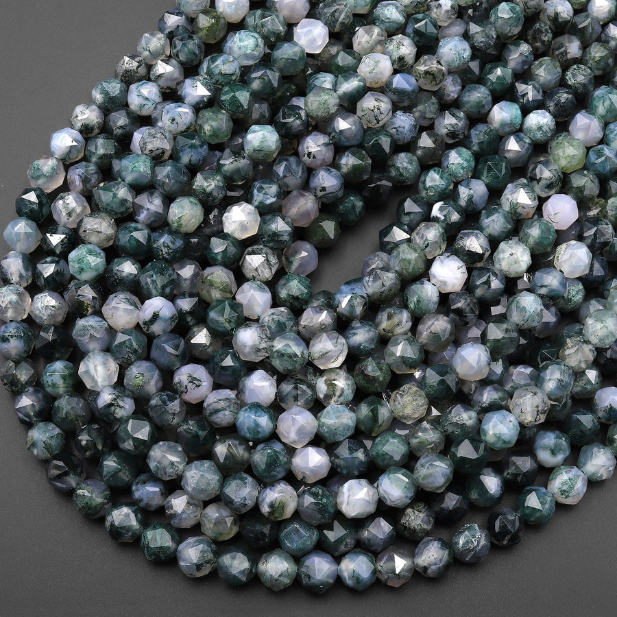 AAA Faceted Natural Green Moss Agate 8mm Round Beads Double Hearted Star Cut Gemstone 15.5" Strand