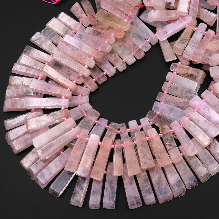 Natural Pink Aquamarine Morganite Thin long Rectangel Spike Beads Cleopatra Style 15.5" Strand