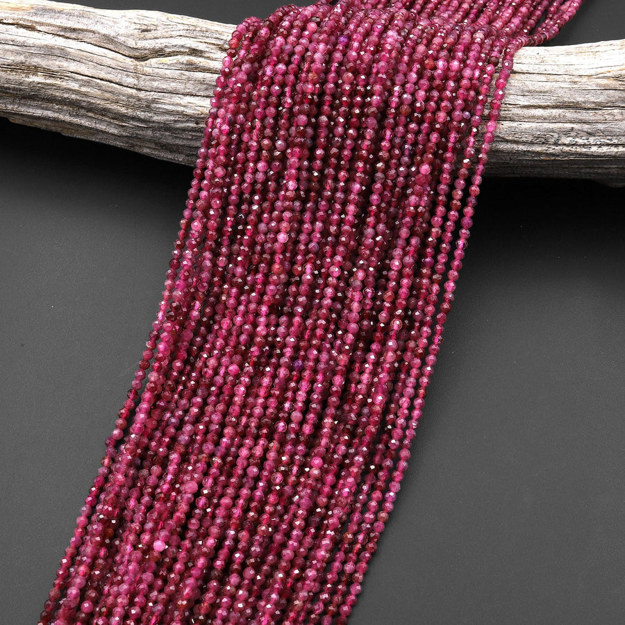 AAA Faceted Natural Red Pink Rubellite Tourmaline 2mm Round Beads Micro Diamond Cut Gemstone 15.5" Strand