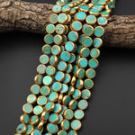 Genuine 100% Natural Green Turquoise Gold Copper Edging Coin 12mm Beads Choose from 5pcs, 10pcs, Handmade 16" Strand