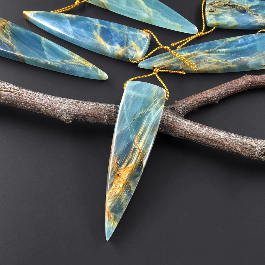 Natural Argentina Lemurian Aquatine Blue Calcite Pendant Golden Brown Matrix Dagger Triangle Side Drilled Gemstone