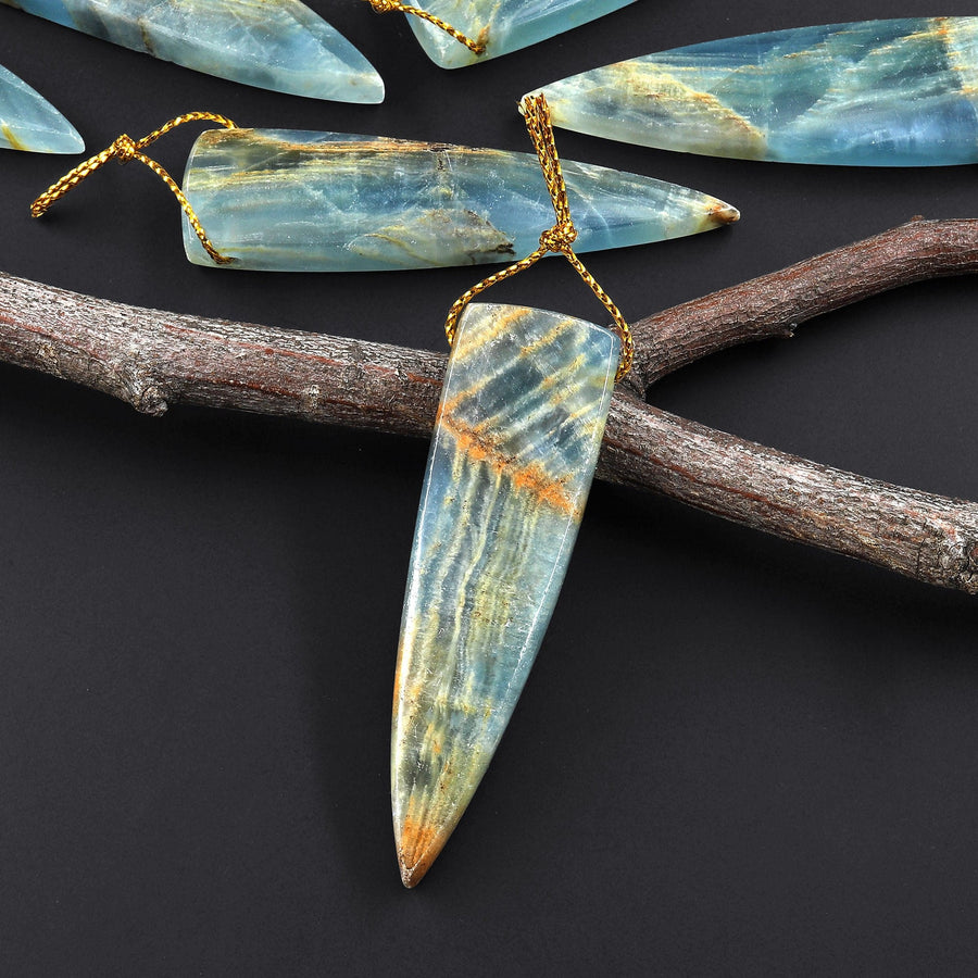 Natural Argentina Lemurian Aquatine Blue Calcite Pendant Golden Brown Matrix Dagger Triangle Side Drilled Gemstone