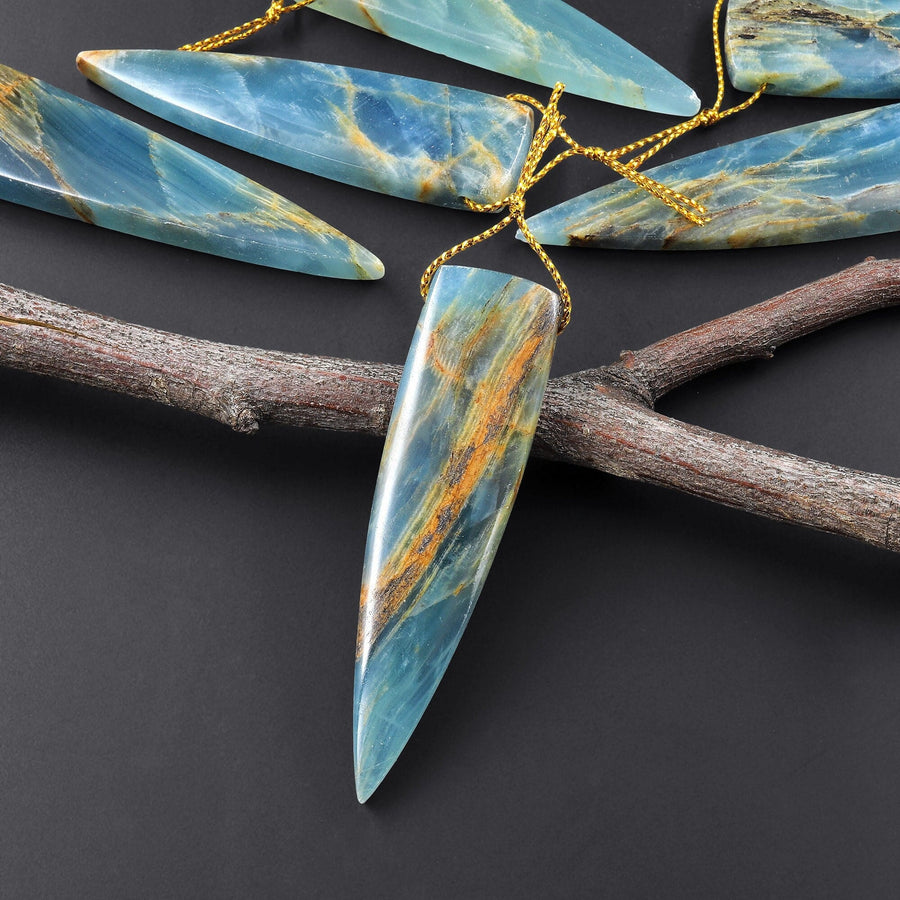 Natural Argentina Lemurian Aquatine Blue Calcite Pendant Golden Brown Matrix Dagger Triangle Side Drilled Gemstone