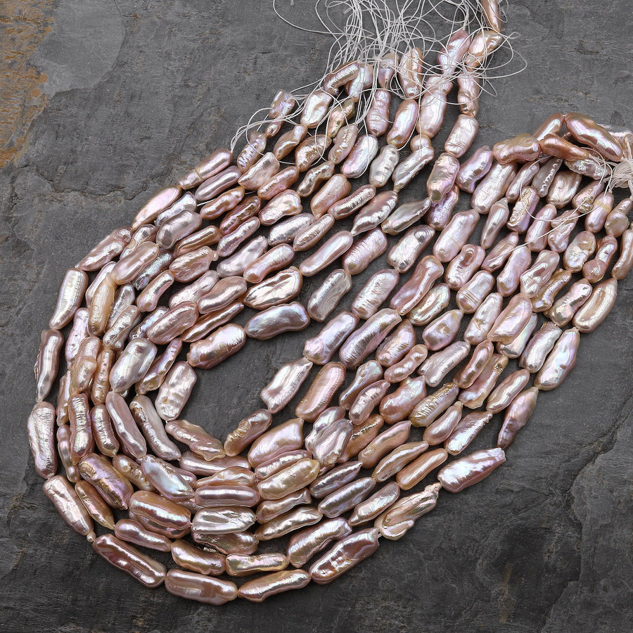 Iridescent Natural Pink Biwa Stick Pearl Freshwater 15.5" Strand