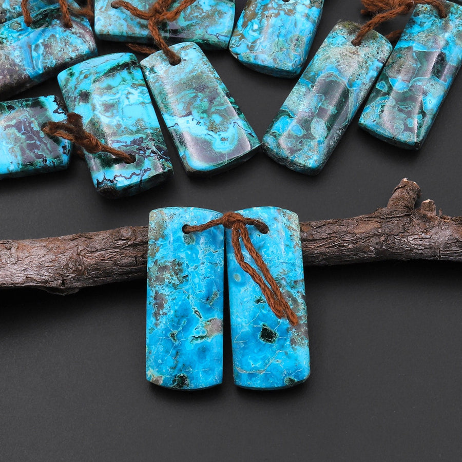 Natural Shattuckite Earring Pair Short Rectangle Matched Gemstone Beads Chrysocolla Azurite Malachite From Congo
