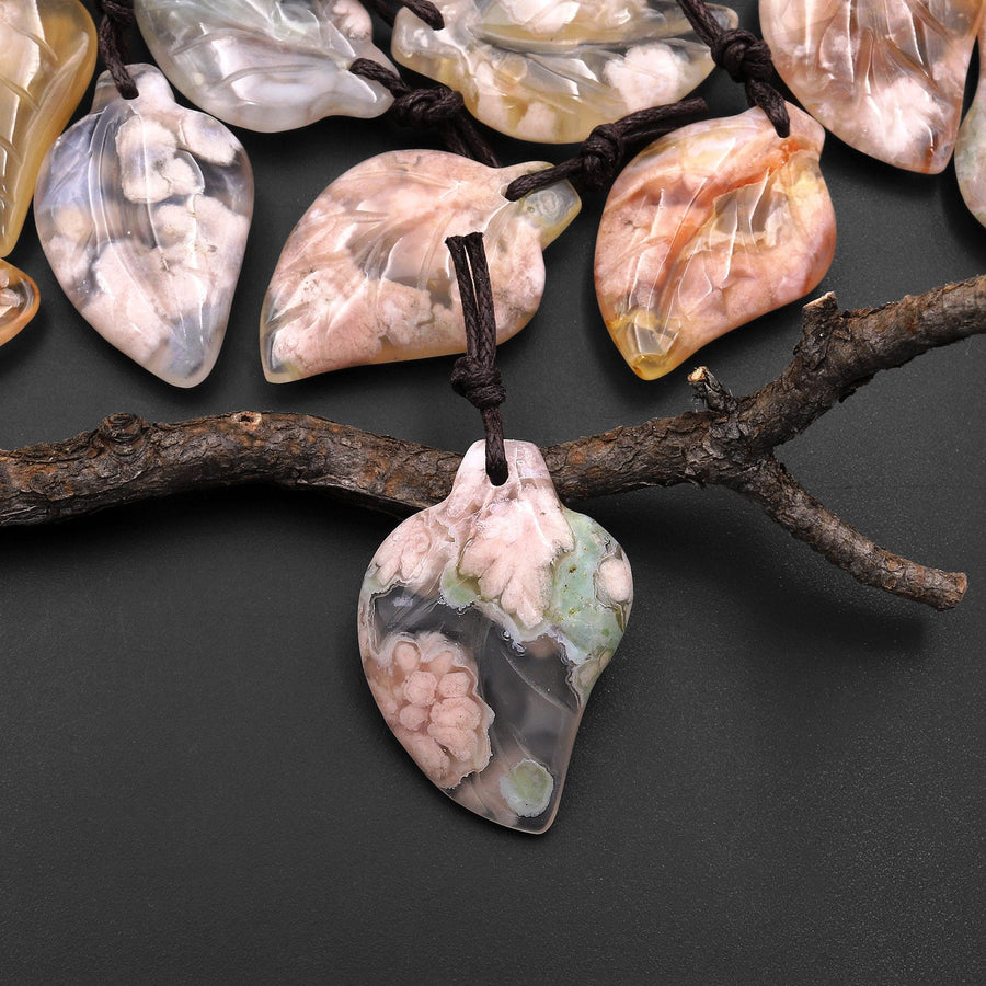 Hand Carved Natural Cherry Blossom Agate Leaf Pendant Bead Drilled Gemstone Aka Flower Agate
