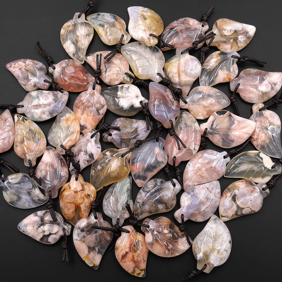 Hand Carved Natural Cherry Blossom Agate Leaf Pendant Bead Drilled Gemstone Aka Flower Agate
