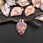 Hand Carved Natural Cherry Blossom Agate Leaf Pendant Bead Drilled Gemstone Aka Flower Agate